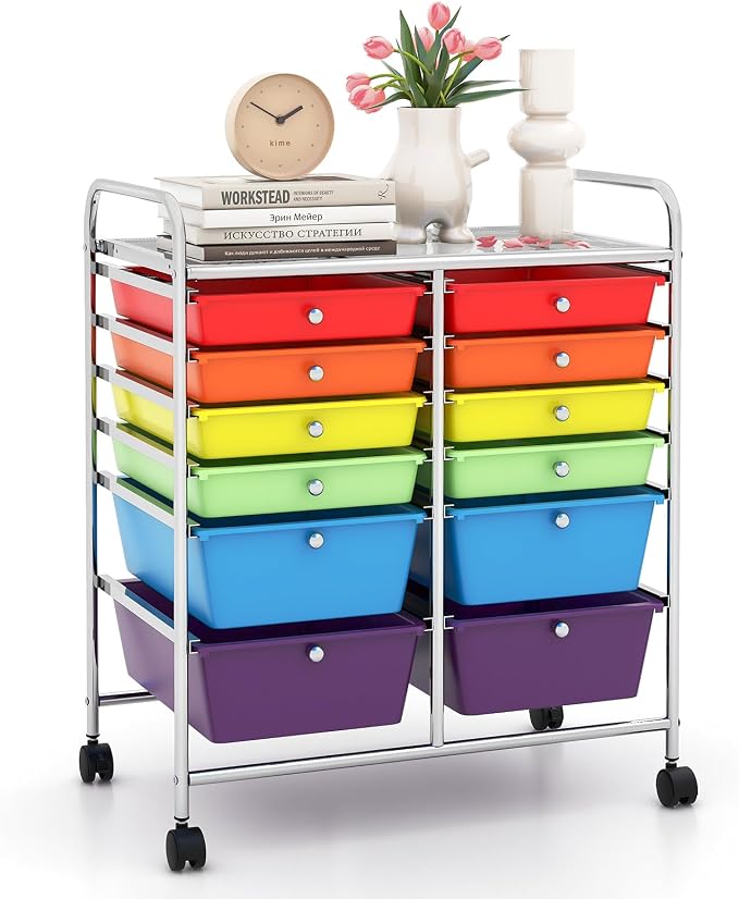 12 Drawer Rolling Storage Cart, Craft Cart Organizer on Wheels w/Metal Frame, Large Capacity & Smooth Drawer, Rolling Cart w/Drawers for Classroom, Office by LDAILY