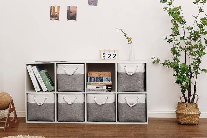 Cube Storage Bins, 6 Pack Collapsible Fabric Storage Cubes, 11 Inch Cube Organizer Bins with Handles (White/Gray) - Image 6