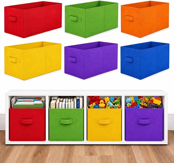Yinder 6 Pcs Cube Storage Bin, Rainbow Colored 14''x10''x8'' Storage Cubes | Kids Classroom Decor, Colorful Bins Foldable Baskets for Playroom Nursery Organizer Fabric Boxes by Yinder