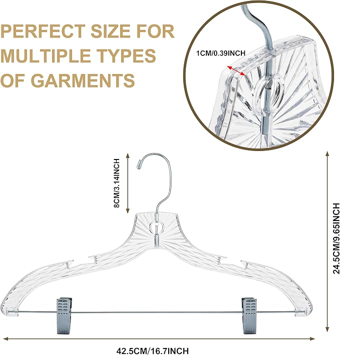 Quality Clear Plastic Skirt Hangers - 24 Pack Crystal Cut Pants Dress Durable Plastic Hanger Set with Adjustable Clips - Heavy Duty Hangers - Image 6