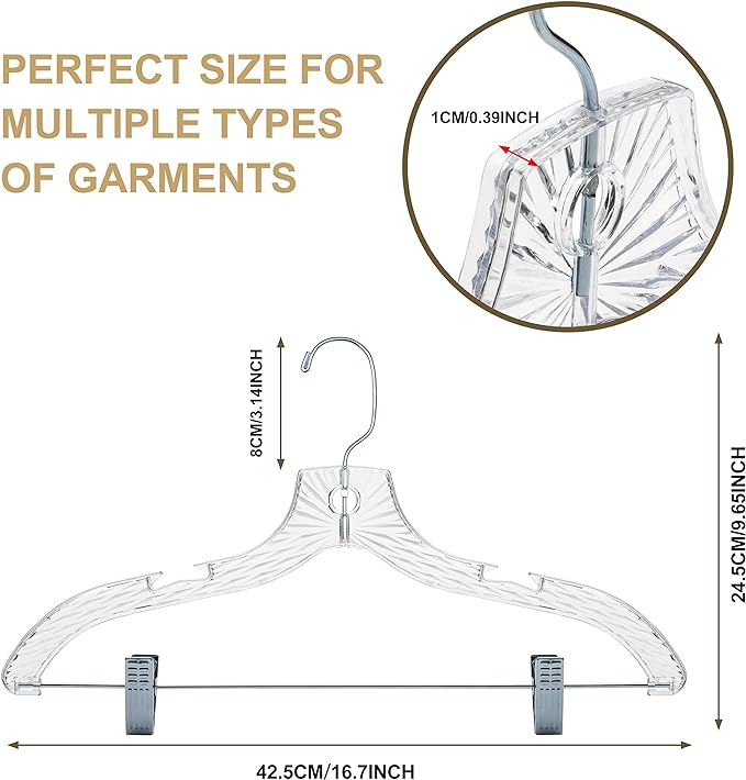 Quality Clear Plastic Skirt Hangers - 24 Pack Crystal Cut Pants Dress Durable Plastic Hanger Set with Adjustable Clips - Heavy Duty Hangers - Image 6