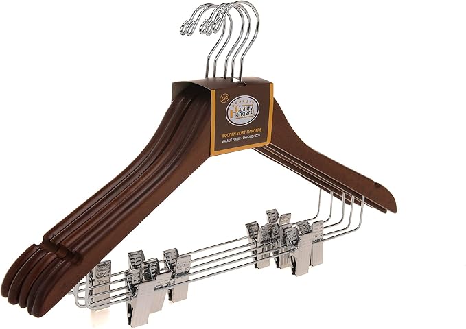 Quality Wooden Skirt Hangers with Clips, 10-Pack Smooth Solid Wood Pants Hangers with Durable Adjustable Metal Clips, Swivel Hook, Coat, Jacket, Blouse Suit Hangers (Walnut - Chrome Hook, 10) - Image 8