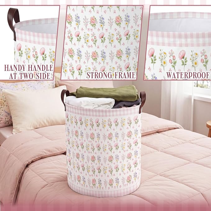 Fourluoo 6 Pack Pink Bow Fabric Storage Basket Waterproof Laundry Hamper with Handles Flower Round Storage Bin for Clothes Foldable Organizer for Bedroom Nursery Bathroom - Image 5
