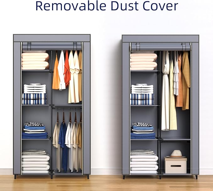 Gray Cover Portable Closet with 6 Shelves & 2 Hanging Rods | Wardrobe closet easy to assemble. Good storage functionality for basic needs. 34.6"×17.7"×66.1". Bedroom, dorm, apartment. - Image 5