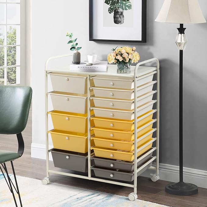 DREAMADE Rolling Cart with 15 Drawers, Lockable Wheels, Removable & 2-Sized Storage, Art Cart for School, Home, Crafts, Scrapbook (Yellow) - Image 2