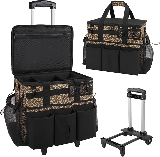 SCAVATA Rolling Cleaning Caddy Bag with Detachable Trolley & Wheels | Large Cleaning Supply Organizer, Portable Multi-Pocket Cleaning Cart for Housekeeper, Adjustable Shoulder Strap, Leopard by Tidyyourlife