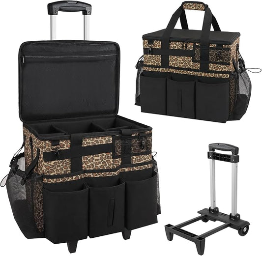 SCAVATA Rolling Cleaning Caddy Bag with Detachable Trolley & Wheels | Large Cleaning Supply Organizer, Portable Multi-Pocket Cleaning Cart for Housekeeper, Adjustable Shoulder Strap, Leopard by Tidyyourlife