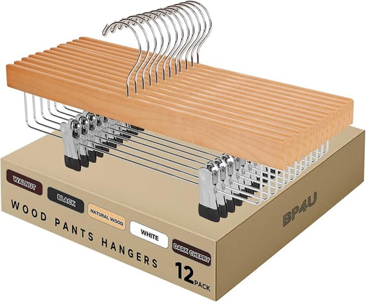 12-Pack 14" Wood Pants Hangers, Adjustable Non-Slip Clip, Natural Wood | Solid Wood Material, Bottom Hangers with 360° Swivel Hook, Space Saving Hangers for Skirts, Slacks, Trousers, Jeans by BP4U%E2%84%A2