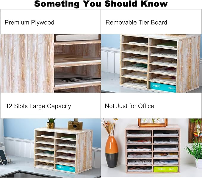 TQVAI Wood Literature Organizer, 12 Slots, Retro White | Holds 6000 Sheets A4 Papers, Adjustable Shelves, Mailbox Cubbies, For Office Home Classroom - Image 5