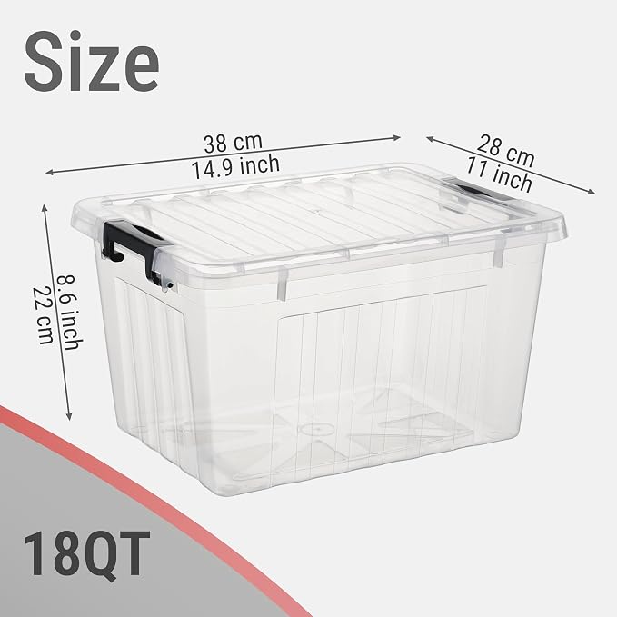 Cetomo Plastic Storage Bins, Lidded Storage Box with Strip for Home Office Dorm, Stackable, Clear, 18Quart-6 Pack - Image 4