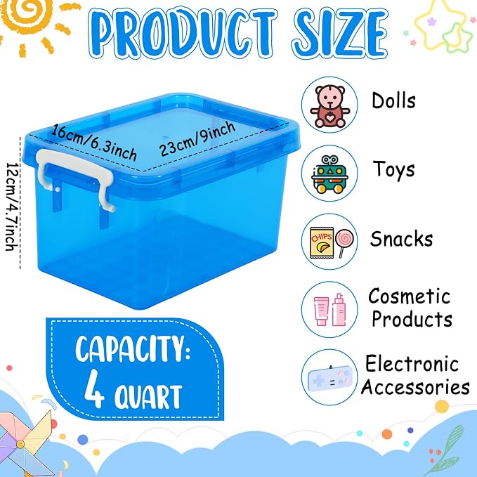 6 Pack 4 Quart Colorful Plastic Storage Bins with Lids Stackable Storage Bins with Latching Lids Handle Clear Colored Storage Organizer Bins for Home Office Pantry Containers(Blue) - Image 2