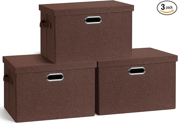 Storage Bins with Lids Fabric Closet Organizers Cubes Office Organization | 36 Quart 3 Pack Dark Red Collapsible Stackable Linen Fabric 4 Handles Bedroom Closet Cabinet Under Bed Clothes Toy Office by GraciadecoStorage