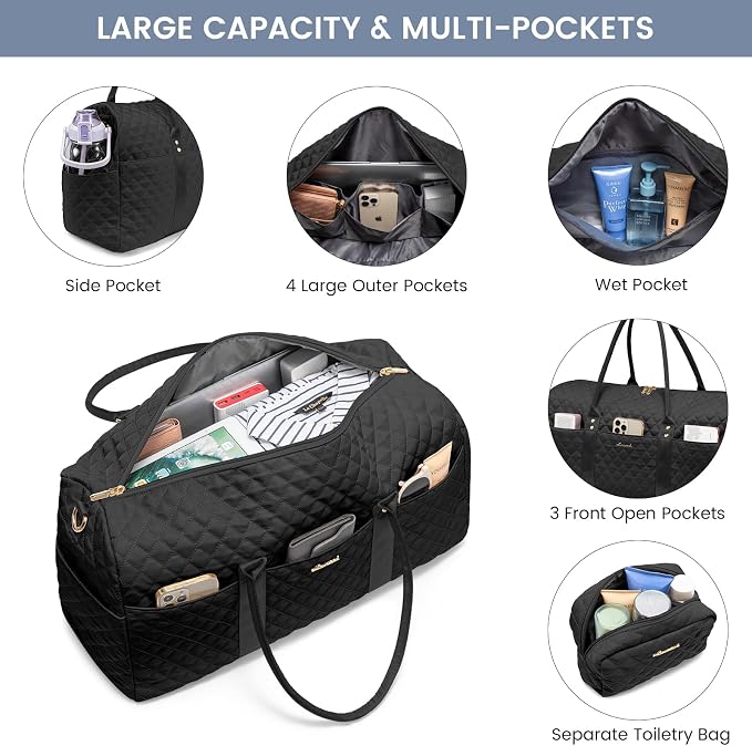 LOVEVOOK Travel Duffle Bag, Weekender Bags for Women with Shoe Compartment, Quilted Carry on Overnight Bag with Toiletry Bag, Hospital Bags for Labor and Delivery, Gym Duffel Bag with Wet Pocket Black - Image 3