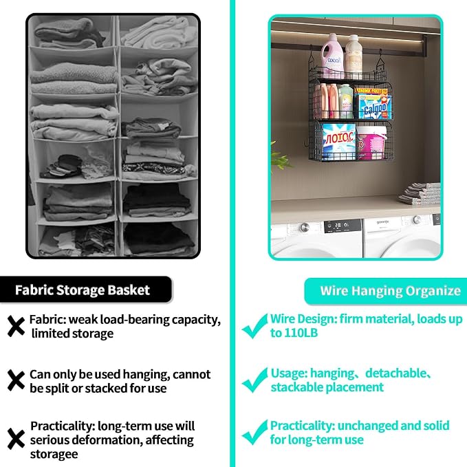 HapiRm Hanging Closet Organizer Storage - 3 Tier Metal Stackable Hanging Closet Shelves with Dividers and S Hooks, Foldable Clothes Shelves for Clothes, Pants, Shoes, Coat, Hats Clutches Accessories - Image 7
