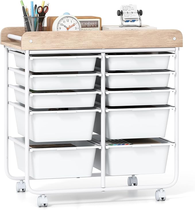 Giantex Rolling Storage Cart with 10 Drawers, Utility Cart w/Wooden Tabletop, Handle, Lockable Wheels, Multipurpose Organizer for Art Craft Scrapbooks Paper, Drawer Carts for Dorm School Office, White by Giantex
