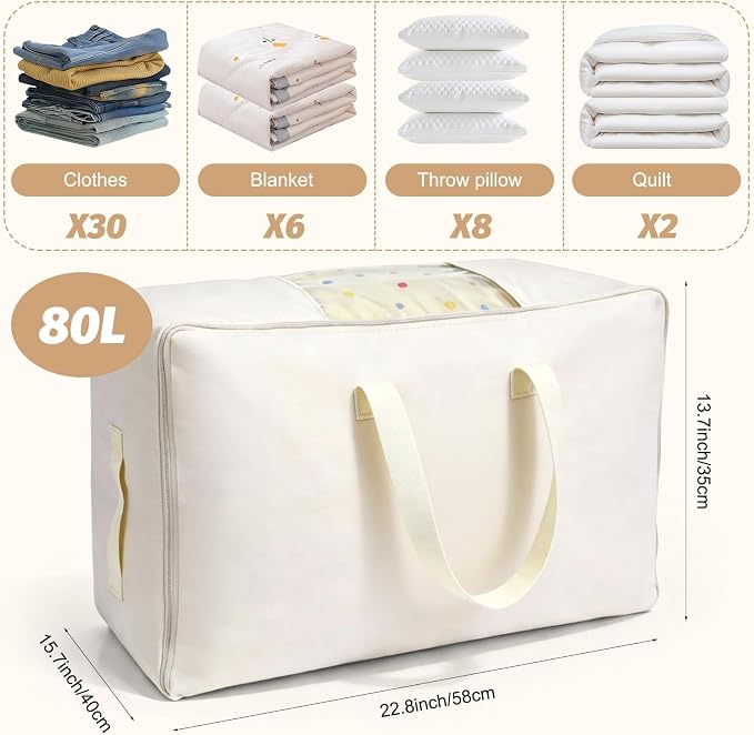 Soft Large Canvas Storage Bags with Zipper. Thick Breathable. Four Carrying Handles and Window. Cotton Linen Storage for Pillows, Quilt, Blankets and Comforter, 80L, Beige - Image 2