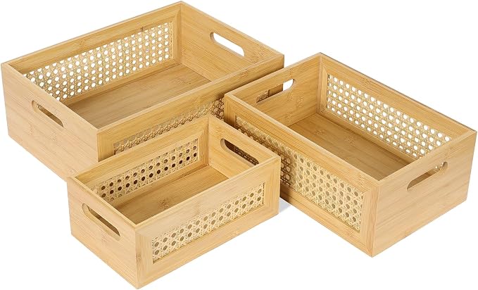 ANMINY Bamboo Rattan Storage Baskets, 3PCS Nesting, with Handles | Natural Bamboo Wood Baskets, Decorative Storage with Built-in Handles, Nestable for Pantry Kitchen Shelf Desktop - Image 8