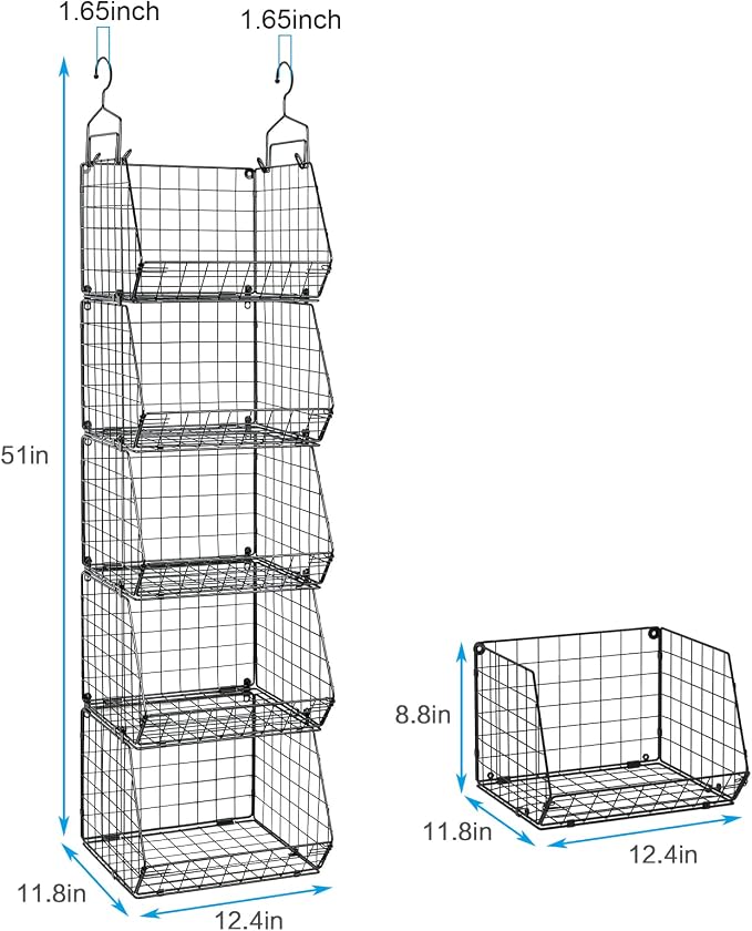 X-cosrack 5 Tier Closet Hanging Organizer, Clothes Hanging Shelves with 4 Hanging Hooks 5 S Hooks, Wire Storage Basket Bins, for Clothing Sweaters Shoes Handbags Clutches Accessories Patent Design - Image 3