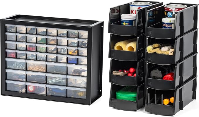 IRIS USA 44 Drawer Parts and Hardware Cabinet + 13" x 6" x 5" Large Plastic Open Front Stackable Storage Bin, 8-Pack, Stackable Craft Supplies, Black by Iris+Ohyama