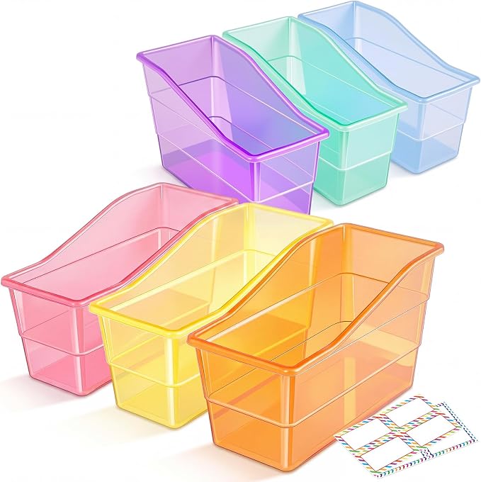 Blosssound 6 Set Book Bins for Classroom Stackable,Translucent Pastel | Plastic Baskets with Labels, Slanted Front, Library Supplies Organizers, Desktop Storage Bins, Teachers Home School Use by Blosssound