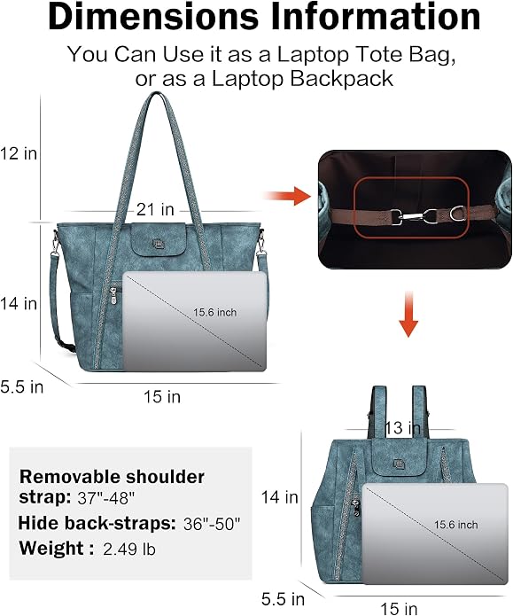 Large Laptop Tote Bag for Women Designer Leather Laptop Bag, 15.6in | Fashion Travel Backpack Purse Shoulder Handbag Fits 15.6 Laptop, Daily, Work, Business Trip, Weekend Travel, Teacher - Image 4
