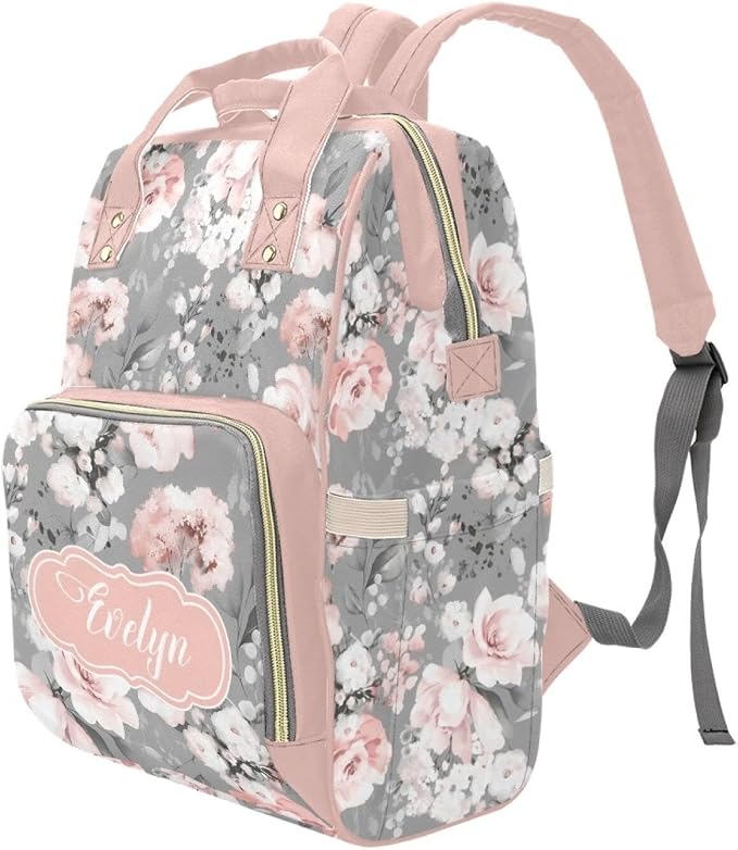 Personalized Floral Pink Diaper Bag Backpack with Name – Waterproof Custom Baby Nappy Bag with Large Capacity & Multi Pockets – Shower Gift for Baby for New Parents - Image 2