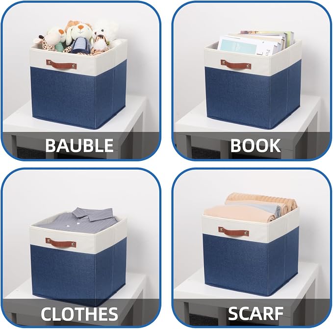 Temary Fabric Storage Bins for Cube Organizer 4 Pack Cube Storage Bins 13 Storage Cubes for Shelves Storage Baskets for Organizing Books, Clothes, Towels (White & Blue, 13x13x13 Inch) - Image 4