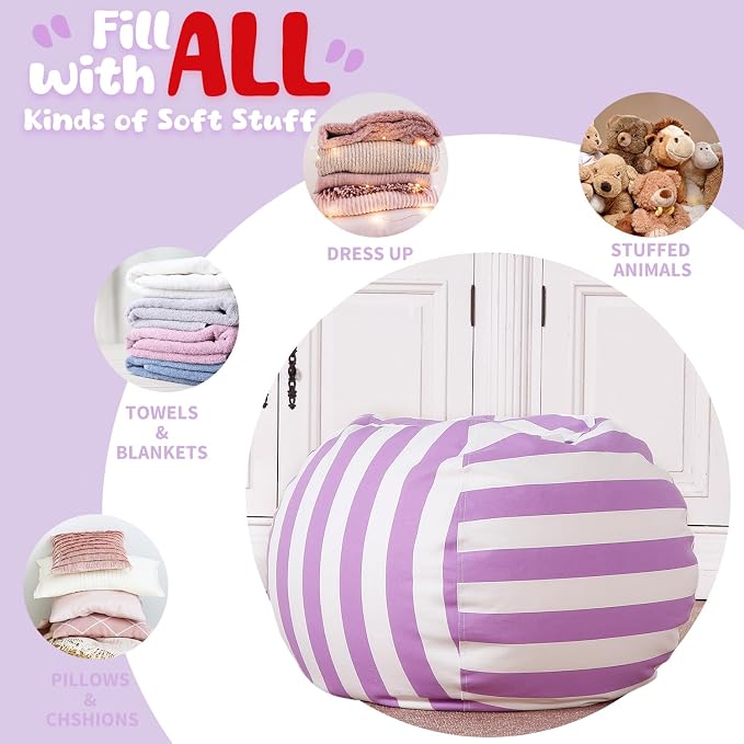 WEKAPO Stuffed Animal Storage Bean Bag Chair Cover for Kids | Stuffable Zipper Beanbag for Organizing Children Plush Toys Large Premium Cotton Canvas (Purple, XX-Large) - Image 5