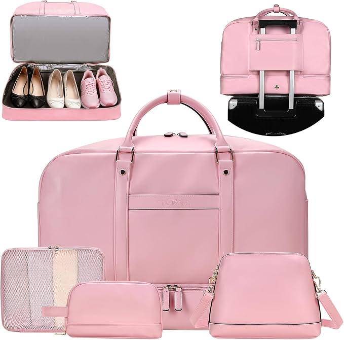 Large 4-in-1 Leather Duffle Bag for Travel Weekender Overnight Hospital Gym Bag for Men & Women, Carry On Airline Approved Personal Item Duffel Garment Bag Luggage with Shoe Compartment & Toiletry Bag by Unknown