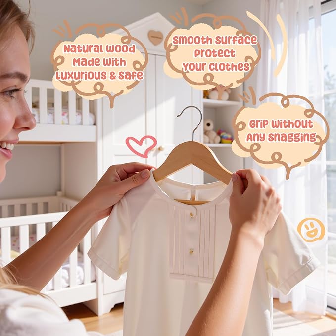 Kids Wooden Hangers 20 Pack, Solid Wood Baby Hangers,12.6" Kids Hangers with Pants Bar,Shoulder Notches,Swivel Hooks,for Toddler Kids Clothes(Natural) - Image 3