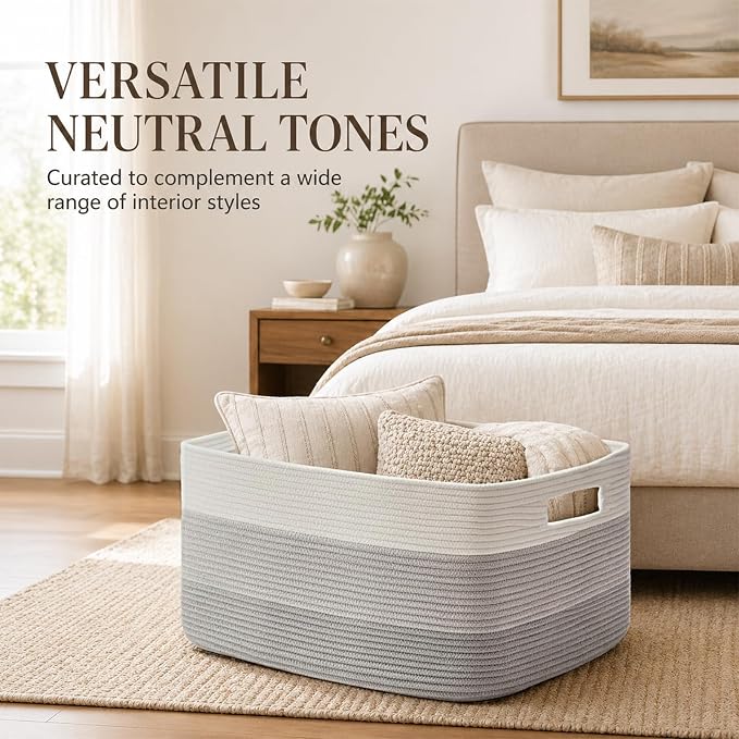 OIAHOMY Large Blanket Basket, 22”x17”x12” Rectangle Woven Baskets, Nursery Blanket Storage Living Room, Toy Storage With Handle, Large Baskets for Organizing-Gradient Grey (Pack of 2) - Image 5