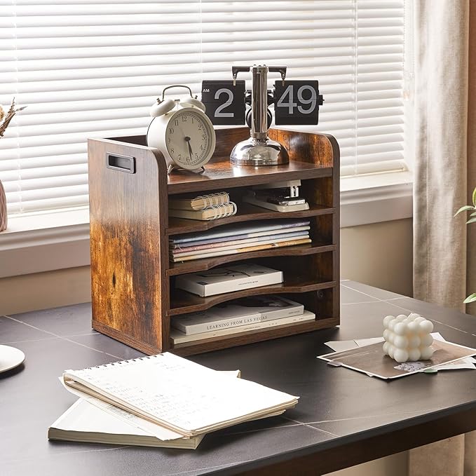 YMYNY Desktop File Organizer with Handle, Document Letter Mail Tray Sorter with 3 Adjustable Shelves, 5 Tiers Paper Holder for School Home Office Desk, Rustic Brown,13.4 * 12.4 * 9.06" UHBC006H - Image 3
