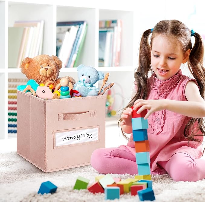 Fabric storage cubes (Set of 8) 11 Inch Cube Storage Bin, Cube storage with 8 Labels Window Cards & a Pen, Foldable cube organizer bins,11x11 Storage bin, Cubby Organizer Boxes, Pink - Image 5