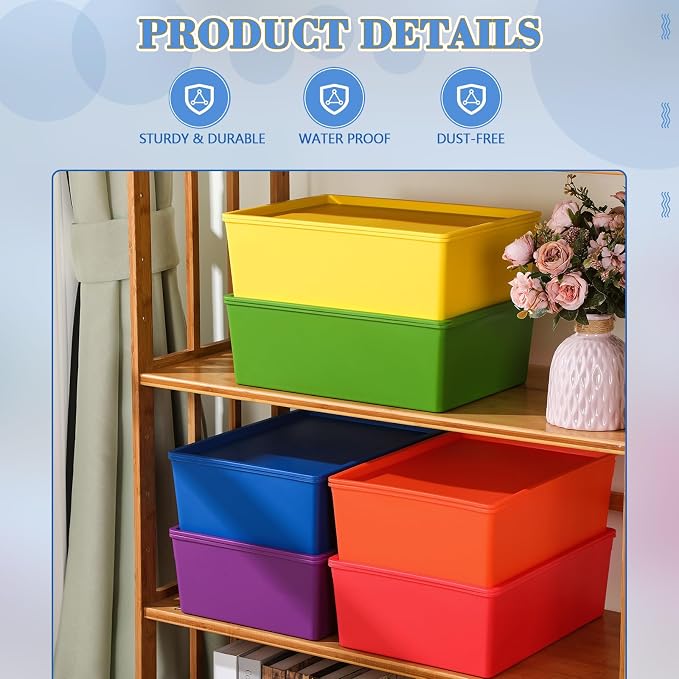 6 Pcs Large Plastic Storage Bins with Lids, Colorful | 14.4 x 10.4 x 5.1 Inch, Stackable Storage Containers, Decorative Cubby Organizer for Clothes Shelves Garage Closet Office - Image 3