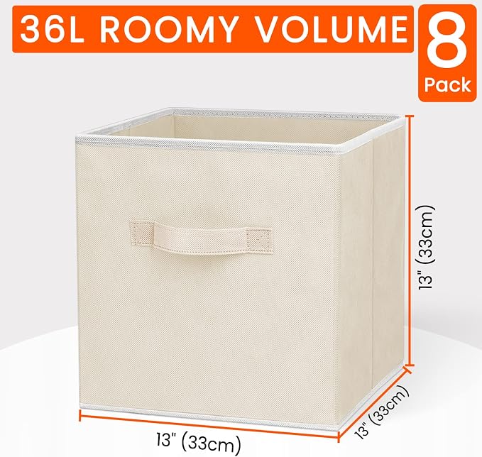 Large Storage Cubes - 13 Inch Heavy Duty Fabric Storage Bins for Shelves Closet, Cube Organizer - 8 Pack Collapsible Cube Storage Bins Baskets for Organizing Clothes Blankets Toys (Beige) - Image 2