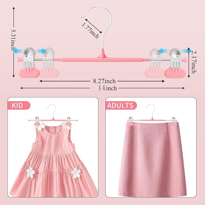 HUADYMEET 14 Inch Heavy Duty Pants Skirt Hangers with Clips,Pink,20 Pack | Metal,Space Saving,Adjustable,Hanger for Jeans Shorts Clothes Slacks Trousers,For Adult Men Women Children,Non Slip - Image 6
