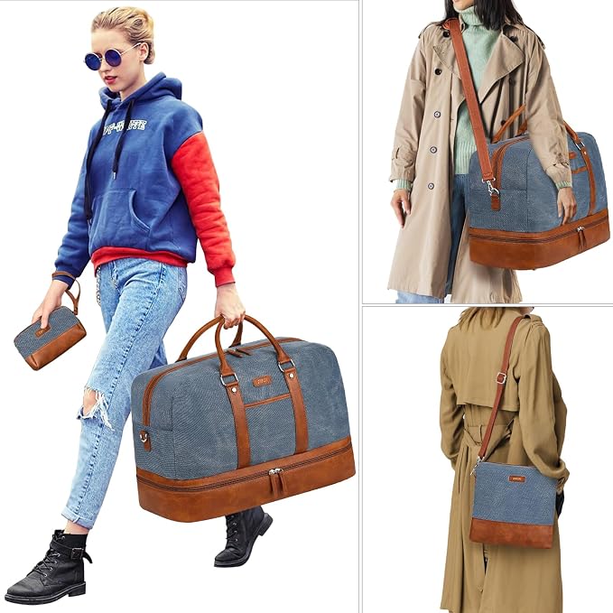 Weekender Bag for Women, Large Overnight Bag Canvas Travel Duffel Bag Carry On Tote with Shoe Compartment 21" 3Pcs Set - Image 6