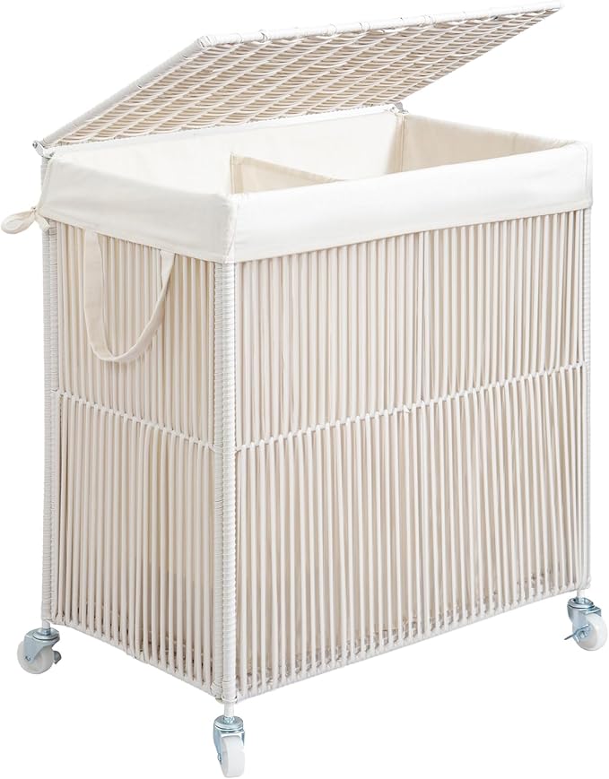 WOWLIVE Rolling Laundry Basket Wheels, Handwoven Laundry Hamper with Lid | Double Clothes Hamper with Divided Removable Bag, 115L Large Laundry Sorter 2 Section, Laundry Room Organization, White by WOWLIVE