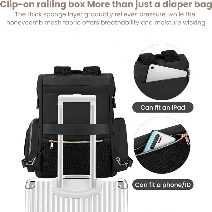 Large Capacity Diaper Bag Backpack with Changing Pad, Waterproof Baby Travel Backpack for Parents-Black - Image 6