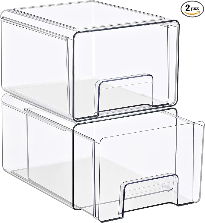 Sorbus Clear Stackable Storage Drawers with Handles (Large, 2 Pack) | Pull-out cabinet organization with multipack plastic bins for bathrooms, closets, medicine, pantries and baby bottles. by Sorbus