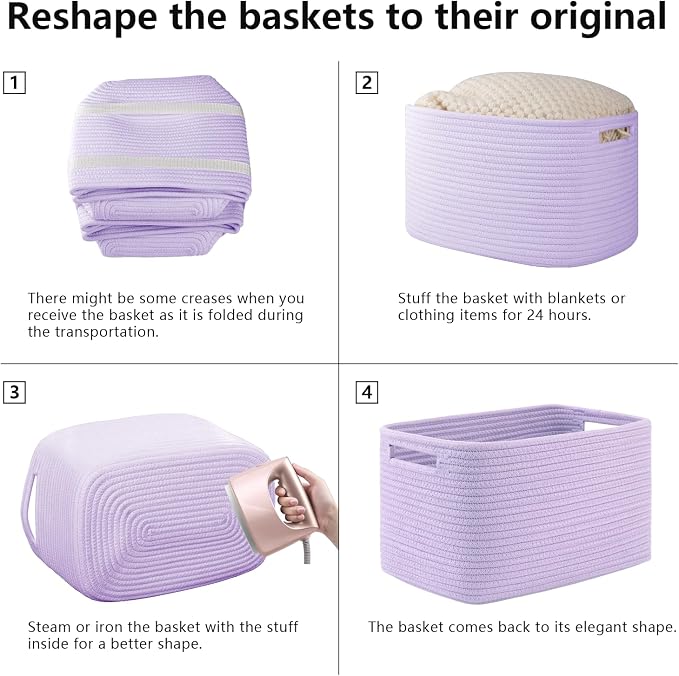 OIAHOMY 4 Pack Storage Baskets for Organizing 15L Cube Storage Bins Purple | Woven Baskets for Storage Rectangle Small Baskets With Handles Baskets for Shelves Wicker Baskets for Shelves 12.7x9x7.8inch - Image 7