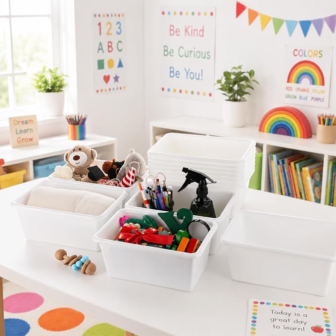 gisgfim 24 Pack Plastic Cubby Storage Bins Crew Toy Stackable Bin Classroom Plastic Cubby Bins Stackable Storage Containers Classroom Book Bin for Student Teacher School Office Home(White) - Image 4