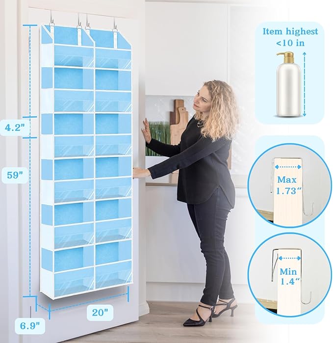 Over The Door Organizer 6 Tiers, Extra Large Behind Door Storage of 12 Compartments, 80 lbs Weight Capacity Hanging Storage Organizer with Clear Window Kids Toys,Shoes,Diapers,Room Storage,Blue - Image 3