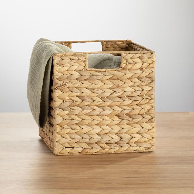 mDesign Natural Woven Hyacinth Cube Organizer Basket with Handles, Storage for Bathroom, Laundry Room Shelf or Nursery - Perfect for Cubby Storage Units - Hold Blankets and Books - 4 Pack, Natural/Tan - Image 6