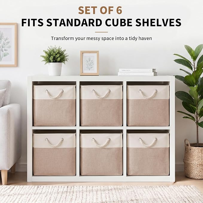 13×15×13 Inch Foldable Fabric Storage Basket with Handles | Large Storage Basket,6 Pack Storage Cubes,Home Organisation Solutions,Closet Storage (White&Beige) - Image 8