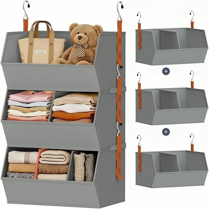 Hanging Closet Organizer Extra Large, Clothes Hanging Shelves for Closet with Divider, Collapsible Closet Storage System, Fabric Storage Bins for Home, Dorm, Rv, Sweaters, Handbags, Underwear, Sock by DiMJ