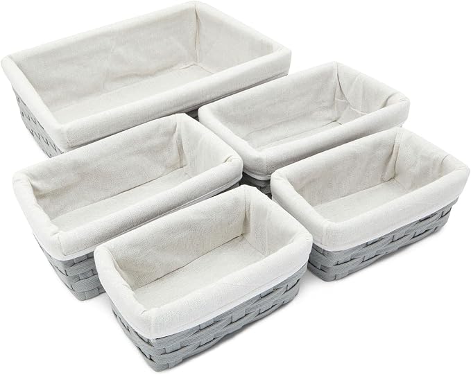 Juvale Wicker Nesting Baskets with Cloth Lining - 5-Pack Gray Rectangular Set - Stackable Storage Bins & Lined Baskets for Organizing Pantry, Closet - Image 4