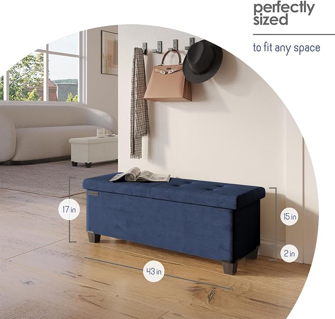 Storage Ottoman Bench with Bins, 43-in Storage Bench for Bedroom End of Bed, Folding Foot Rest Ottoman for Living Room Max 660lbs, Velvet Ottomans, Blue - Image 3