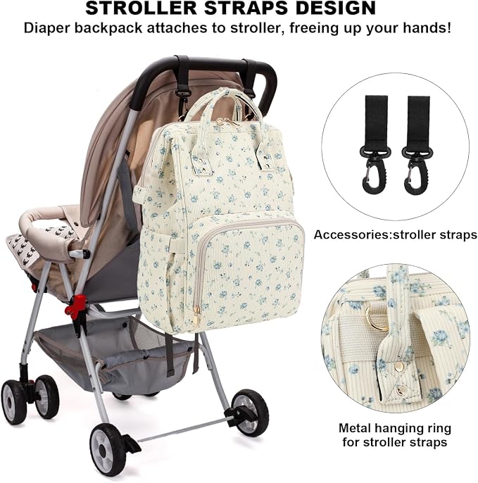 Corduroy Diaper Bag Backpack for Baby Girls Boys, Women Large Nappy Bags for Mom (Beige Corduroy Flowers Blue) - Image 6