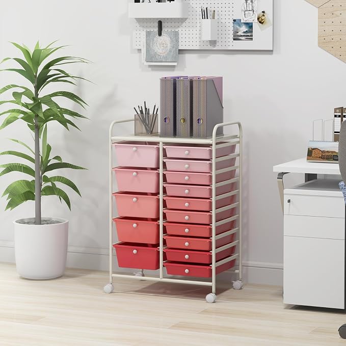 Moccha 15-Drawer Rolling Storage Cart - Under Desk Storage Drawers with wheels for Craft Art Supply Paper Salon, Scrapbook Paper Tools, Mobile Utility Cart for Classroom (15 Drawers, Gradient Pink) - Image 2